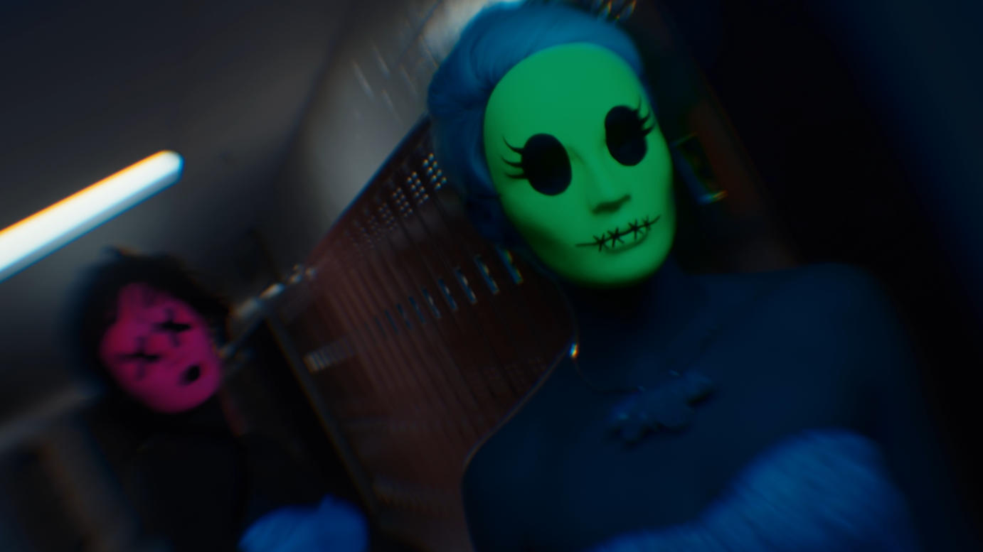 The Tragedy Girls stalk the hallways in neon masks